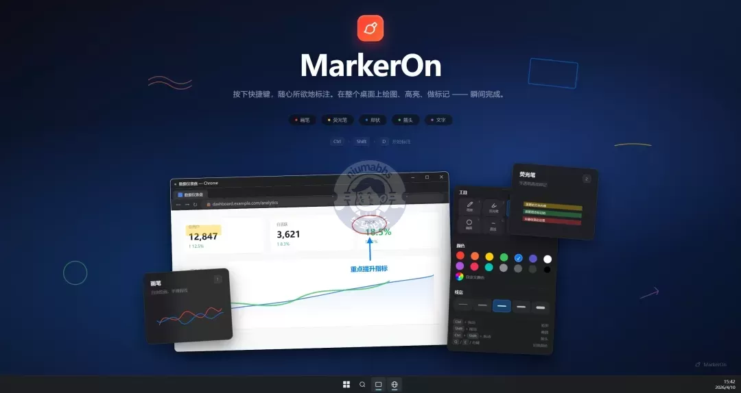 一个 1.5MB 的屏幕标注工具，能在任何窗口上画图标注还不影响操作