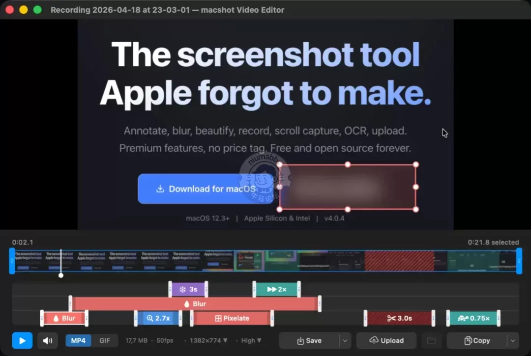 一款开源 macOS 截图与录屏工具 - 含 18 种标注、滚动截图、120fps 录屏